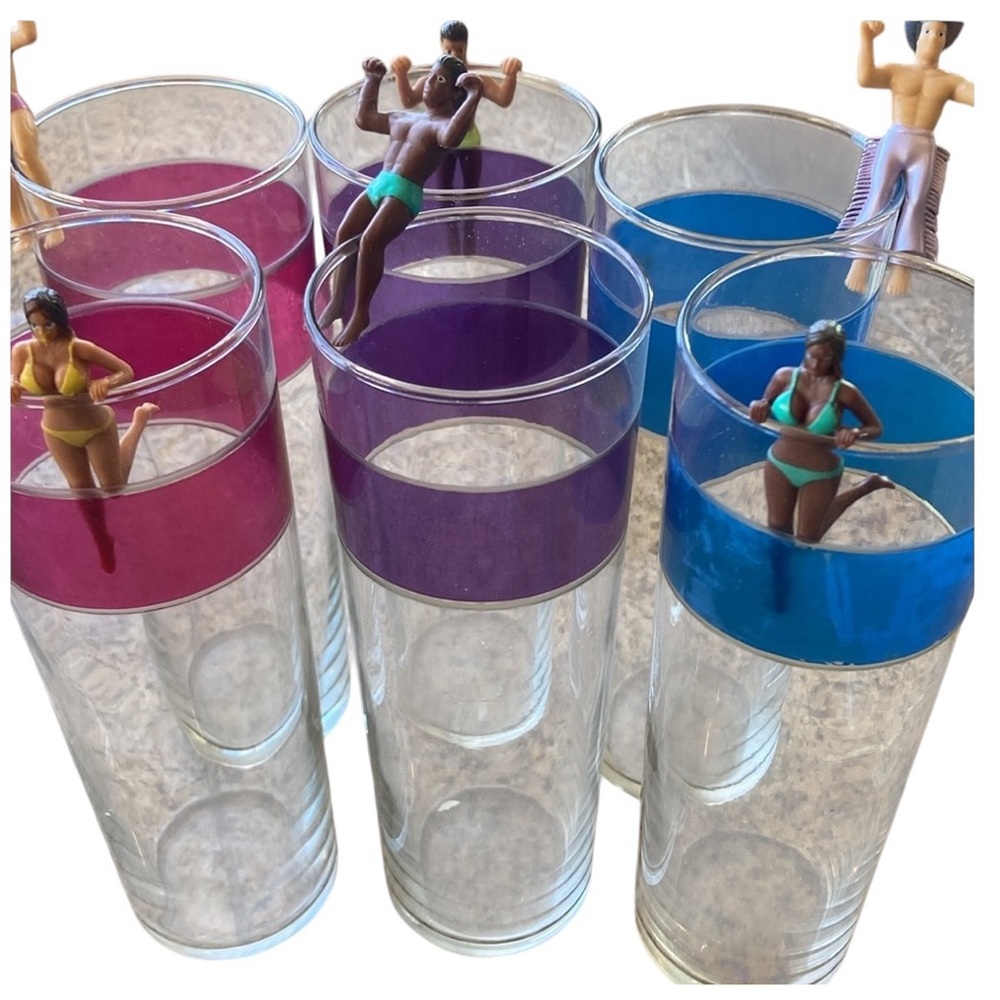 Libbey High Ball Party Glasses Set/6 W/ colorful Bands Pink Blue Purple Rims